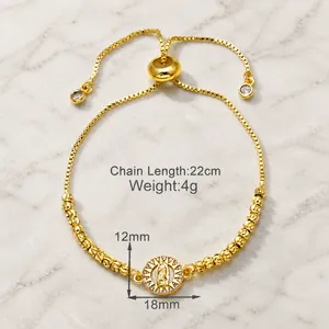 Detail view showing dimensions of 18k gold plated adjustable Virgin Mary charm bracelet