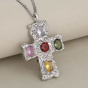 Stainless steel silver cross necklace with five colorful oval cubic zirconia crystals