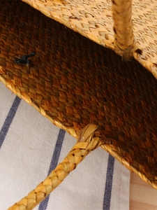 Natural brown straw woven shoulder bag with a secure black button closure and detailed texture