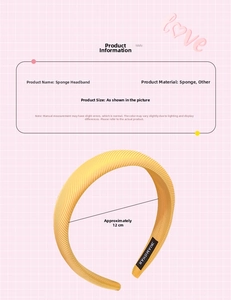 Detail of yellow ribbed sponge headband with handmade label and 12cm width measurement