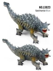 Vistas detalladas del modelo de dinosaurio Saichania con escamas azules y manchas amarillas