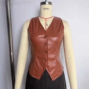 Vintage brown PU leather vest for women featuring a slim fit and V-neck button-up design