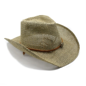 Straw western cowboy hat with decorative brown band and vintage metal buckle detail