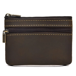 Vintage dark brown crazy horse leather coin purse with double zipper compartments
