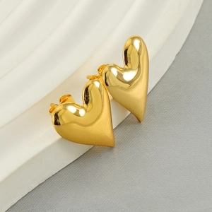 Minimalist gold heart-shaped stainless steel stud earrings with shiny polished finish