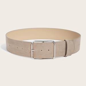 Vintage wide beige leather belt with silver square metal buckle on a clean white background