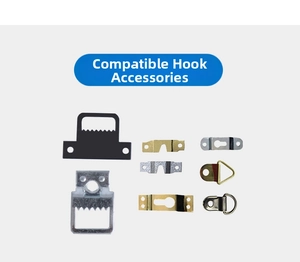Detail of assorted metal picture frame hanging hooks including sawtooth and D-ring styles