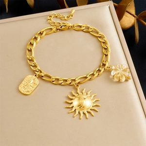 Vintage gold layered necklace with sun face and rectangle portrait pendants for women