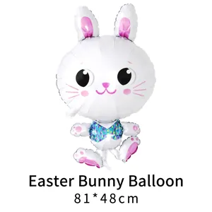 Easter bunny foil balloon with colorful sequin vest decoration for party, 81x48cm