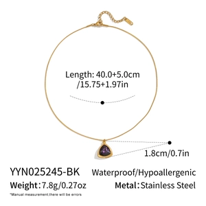 Detail view of 18K gold plated stainless steel chain with a purple zircon pendant and size specs