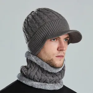 Ensemble Bonnet En Tricot Et Écharpe Pour Hommes Doublure Polaire Chaud Coupe-Vent Motif À Torsades Avec Visière