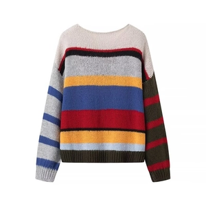 Vintage rainbow striped knit sweater for women with a loose fit and colorful round neck