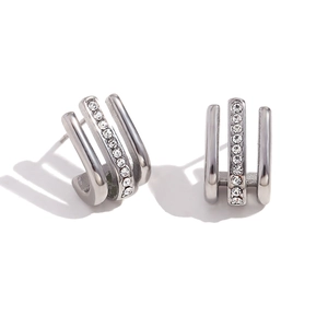 Three-row J-hook stud earrings in silver finish with pavé set sparkling crystals