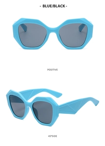 Detailed front and 45-degree side views of blue geometric square frame sunglasses