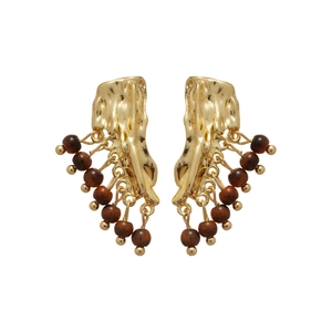 Boucles d'oreilles vintage dorées avec pierres œil de tigre brunes et perles en bois