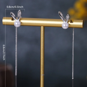Minimalist long tassel rabbit pearl earrings with silver lines and size markings