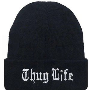 Black Thug Life beanie with gothic embroidery, streetwear style knitted stretch cap