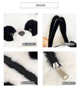 Detail view of large plush panda handbag featuring soft faux fur and durable metal zipper