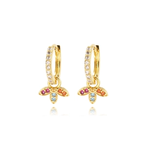 Elegant gold hoop earrings with colorful zircon leaf charms and polished finish
