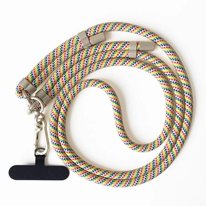 Adjustable 8mm rainbow braided crossbody phone lanyard with silver metal hardware