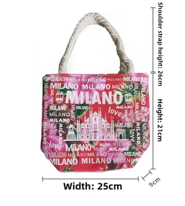 Detailed view of canvas beach bag with Milano landmark print and braided rope handles