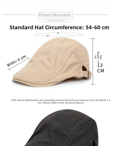 Sizing guide for men's summer beret showing cap circumference, brim, and depth dimensions