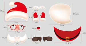 Detailed dimension guide for Christmas Santa fridge magnet set including suit parts