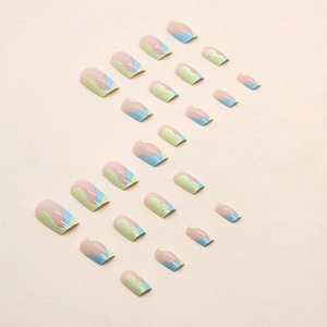 Pastel blue green and pink wave pattern square press-on nails set in various sizes