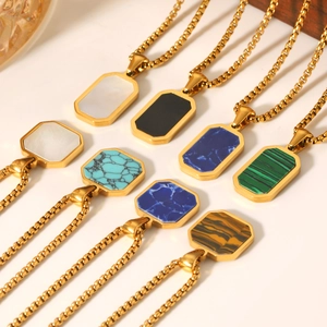 Eight gold stainless steel octagonal pendant necklaces with assorted gemstones