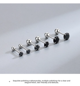 Macro view of S925 sterling silver black zircon stud earrings with screw back design