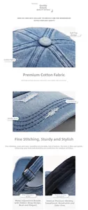 Macro view of washed denim baseball cap featuring metal buckle and high-quality stitching