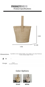 Detailed size parameters for straw woven bucket bag showing dimensions and khaki/white colors