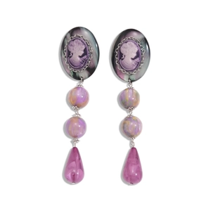 Retro resin oval portrait drop earrings in purple and green with cameo relief design