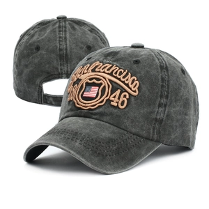 Washed dark gray baseball cap with 3D San Francisco embroidery and USA flag patch