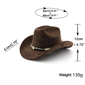 Dark brown faux suede cowboy hat with ethnic star belt and detailed dimensions
