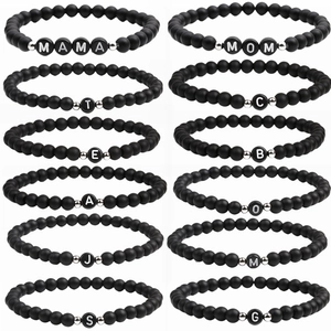 Matte Black Stone Beaded Initial Bracelet With Silver Color Alloy Spacers Elastic Stretch Minimalist Unisex