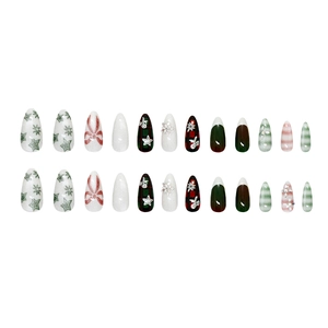 Christmas press-on nails with red green plaid, snowflake patterns and 24 pieces set