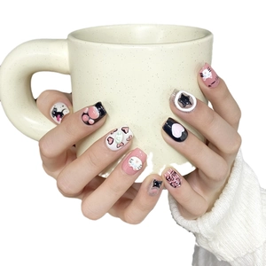Handmade press-on nails with cute black cat graffiti and 3D pink paw patterns