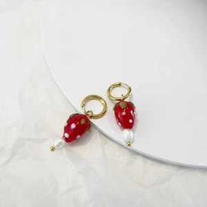 French vintage gold earrings with red strawberry glass charms and white pearls