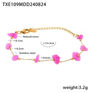 Detail of handmade pink natural stone bracelet with stainless steel clasp and extender chain