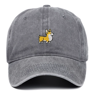 Classic washed grey cotton baseball cap with a cute yellow corgi dog embroidery