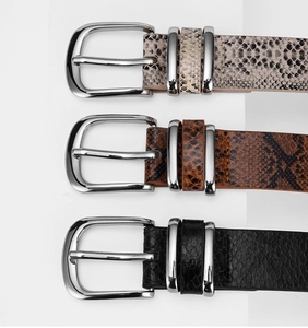 Détails des boucles argentées sur ceintures en cuir à motif serpent et grainé