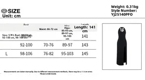 Detailed size chart for black halter neck maxi dress with split hem and slim fit waist