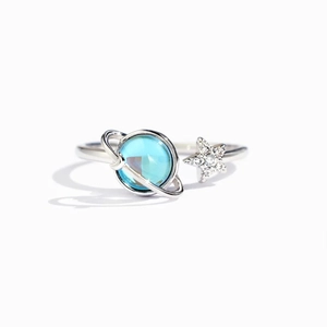 Minimalist S925 sterling silver open ring with blue planet and zircon star motif
