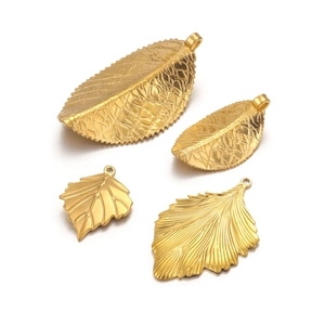 Matte gold stainless steel leaf pendants in four sizes for DIY jewelry making