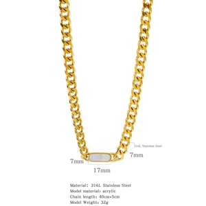 Detail view of 316L stainless steel Cuban chain necklace with white inlay and 7mm width