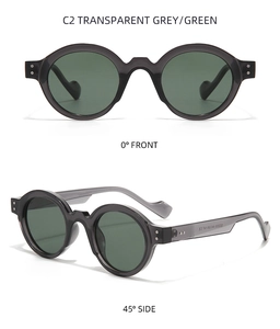 Vistas frontal y lateral de gafas de sol redondas vintage en gris transparente y verde