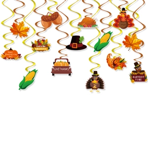 Thanksgiving party decorations set with turkey pumpkin and maple leaf hanging swirls
