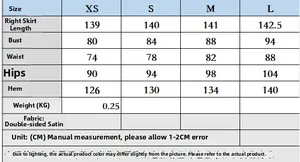 Detailed size chart for lace satin dress showing measurements in XS to L with fabric details