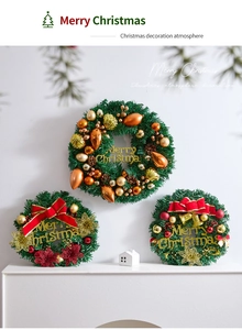 Three assorted Christmas pine wreaths with gold ornaments and Merry Christmas signs on a fireplace